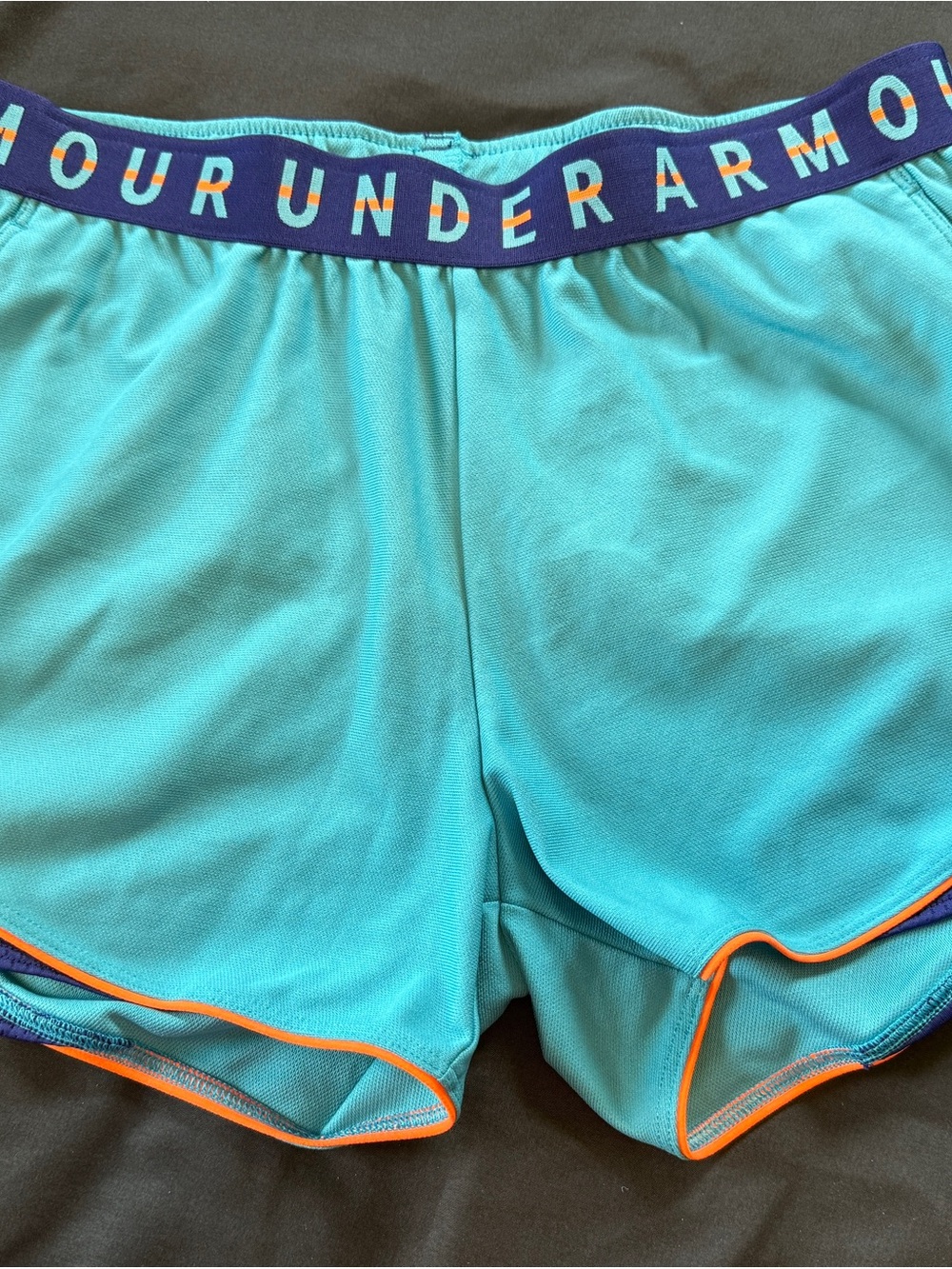 Under Armour Teal Running Shorts with Orange Trim and blue Waistband size Medium
